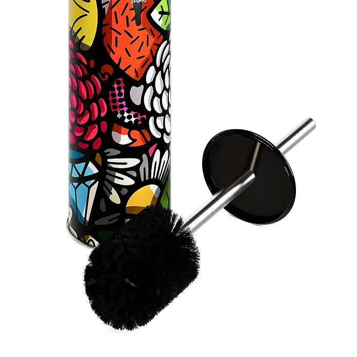 Tohaa Design WC-Bürste BirdyFlowers - Bishop Parigo -  - Schwarze Toilettenbürste mit silbernem Griff neben einem hohen, zylindrischen Behälter mit lebhaftem, abstraktem Design.