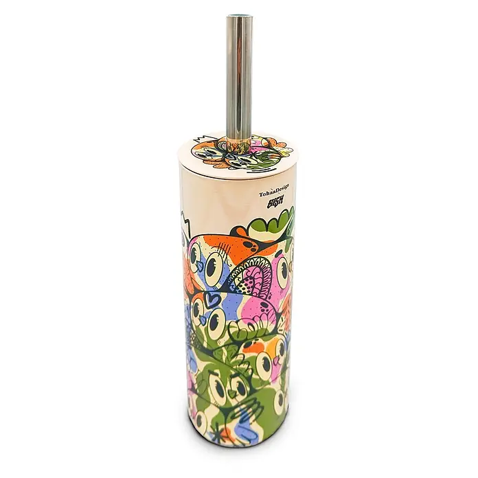 Tohaa Design WC-Bürste Color Bomb - Bishop Parigo -  - Toilettenbürste mit Metallgriff und cremefarbenem Behälter, verziert mit einem lebhaften, cartoonartigen Eulenmuster.