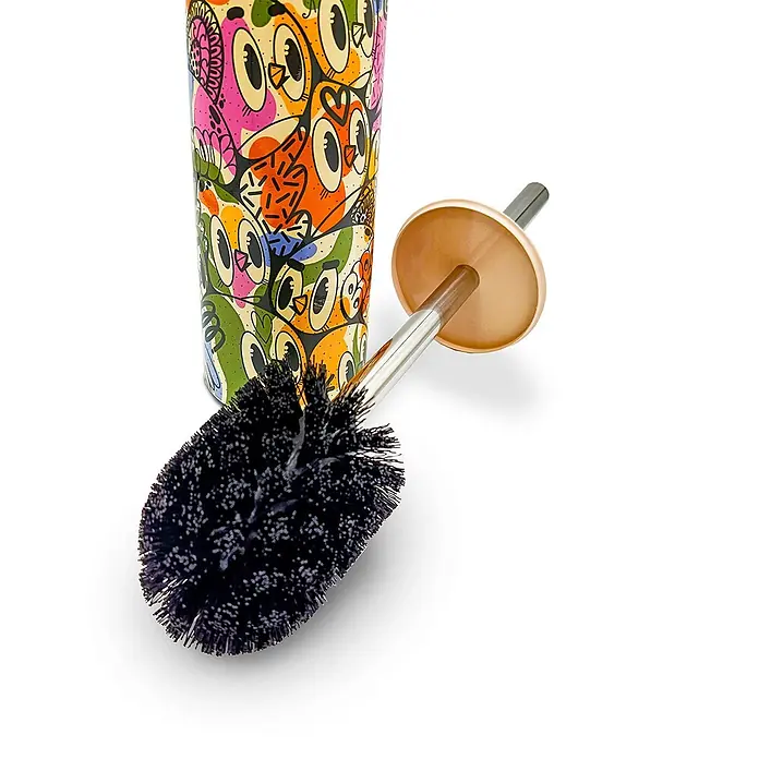 Tohaa Design WC-Bürste Color Bomb - Bishop Parigo -  - Bunte Toilettenbürste mit Eulenmuster-Halterung, dunklen Borsten und Metallgriff mit beiger Scheibe.