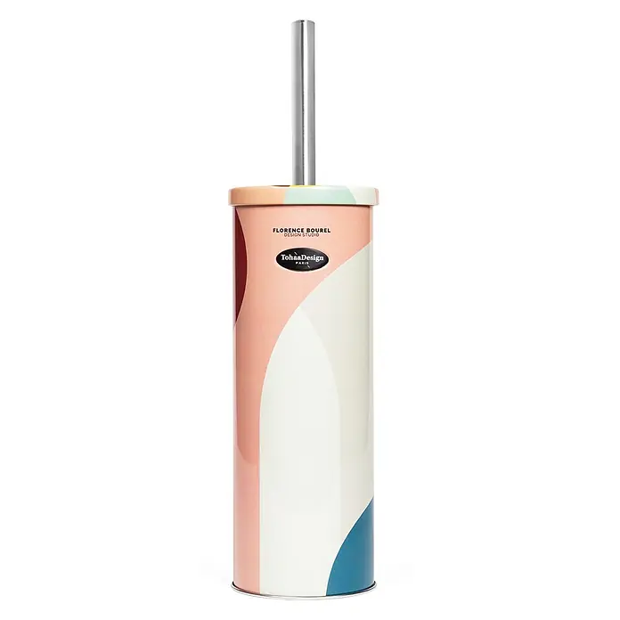 Tohaa Design WC-Bürste Roma - Florence Bourel -  - Moderne Toilettenbürste mit zylindrischem Halter in abstraktem Pastell-Farblock-Design und silbernem Griff.
