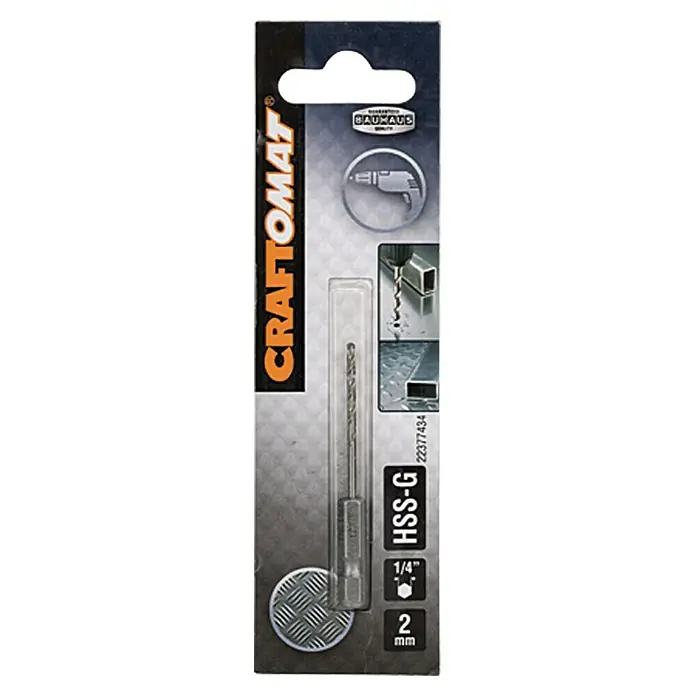 Craftomat Metallbohrer - Durchmesser Bohrer: 2 mm, Sechskant - Abbildung einer Craftomat HSS-G Metallbohrer in der Größe 2mm, ideal für präzise Bohrarbeiten in Metall.