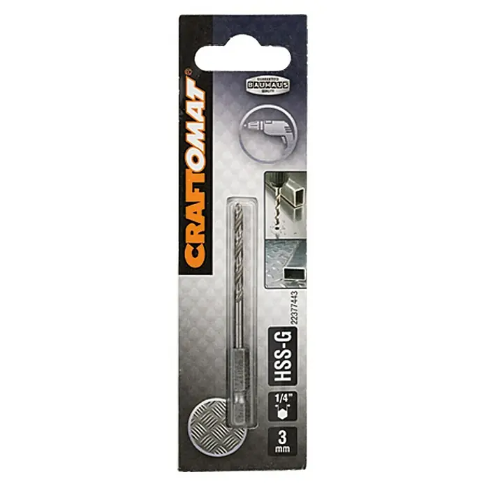 Craftomat Metallbohrer - Durchmesser Bohrer: 3 mm, Sechskant - Produktbild: Ein 3-mm-Craftomat HSS-G Bohrer, ideal für präzise Bohrungen in Metall und mehr, verpackt und bereit für den Einsatz.