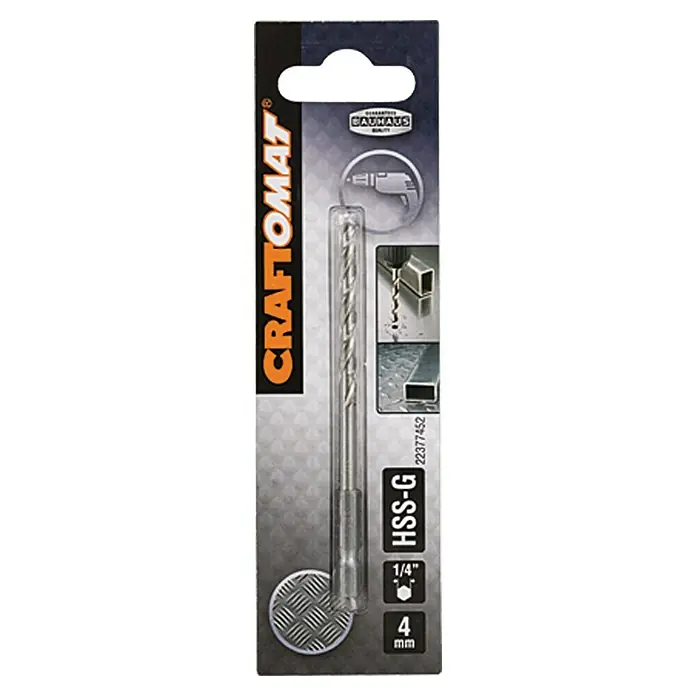 Craftomat Metallbohrer - Durchmesser Bohrer: 4 mm, Sechskant - Verpackung eines 4-mm-Metallbohrers HSS-G von CRAFTOMAT für präzise Bohrarbeiten in Metall mit 1/4"-Schaft und Bauhaus-Qualität.