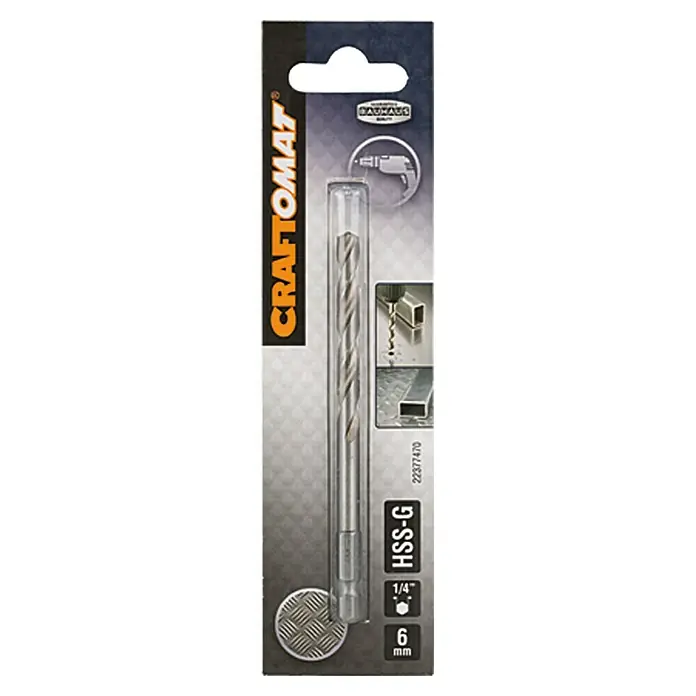 Craftomat Metallbohrer - Durchmesser Bohrer: 6 mm, Sechskant - Craftomat HSS-G Metallbohrer 6mm im Blister. Hochwertiger Bohrer für präzise Bohrungen in Metall, ideal für Handwerker und Heimwerker.\n