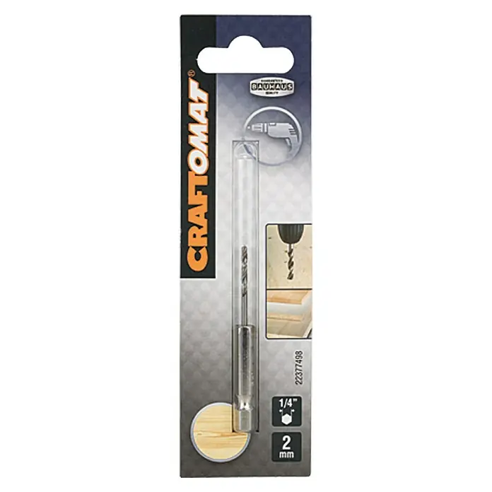 Craftomat Holzbohrer - 1 Stk., Durchmesser Bohrer: 2 mm, Arbeitslänge: 24 mm - Ein 2 mm Craftomat Holzbohrer mit 1/4"-Schaft, verpackt in einer transparenten Kunststoffhülle.
