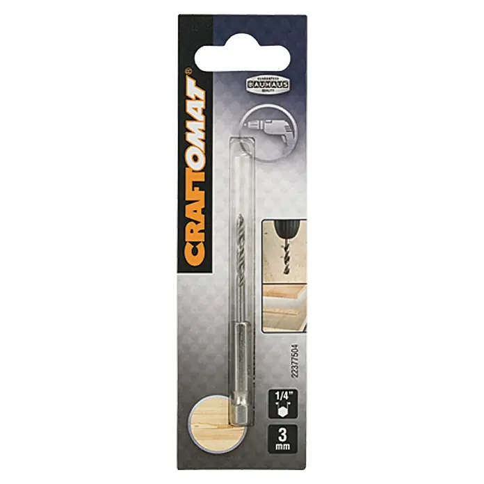 Craftomat Holzbohrer - 1 Stk., Durchmesser Bohrer: 3 mm, Arbeitslänge: 33 mm - Das Bild zeigt eine 3 mm Craftomat Holzbohrer, ideal für präzise Holzarbeiten und Heimwerkerprojekte, verpackt in einer stabilen Blisterverpackung.