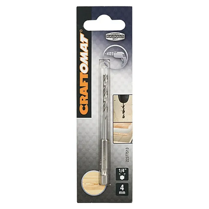 Craftomat Holzbohrer - 1 Stk., Durchmesser Bohrer: 4 mm, Arbeitslänge: 43 mm - Ein Craftomat Holzbohrer im Blisterpack, ideal für präzise Bohrungen in Holz. Der Bohrer hat einen Durchmesser von 4 mm und eine Aufnahme von 1/4".