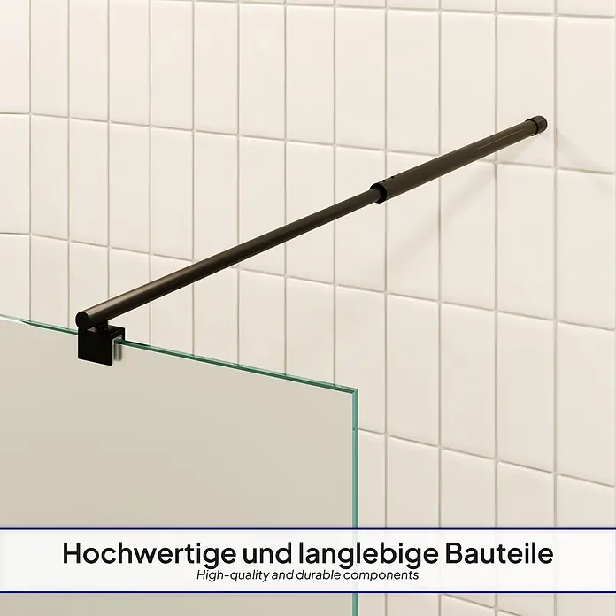 i-flair Duschabtrennung 100x200 cm Satiniert 10 mm ESG W740 -  - Schwarzer Metallstützarm für eine klare Duschglaswand vor einer gefliesten Wand.