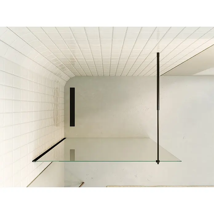 i-flair Duschabtrennung 100x200 cm Satiniert 10 mm ESG W740 -  - Klare Glas-Duschwand mit schwarzem Rahmen und linearem Ablauf in gefliester Dusche.