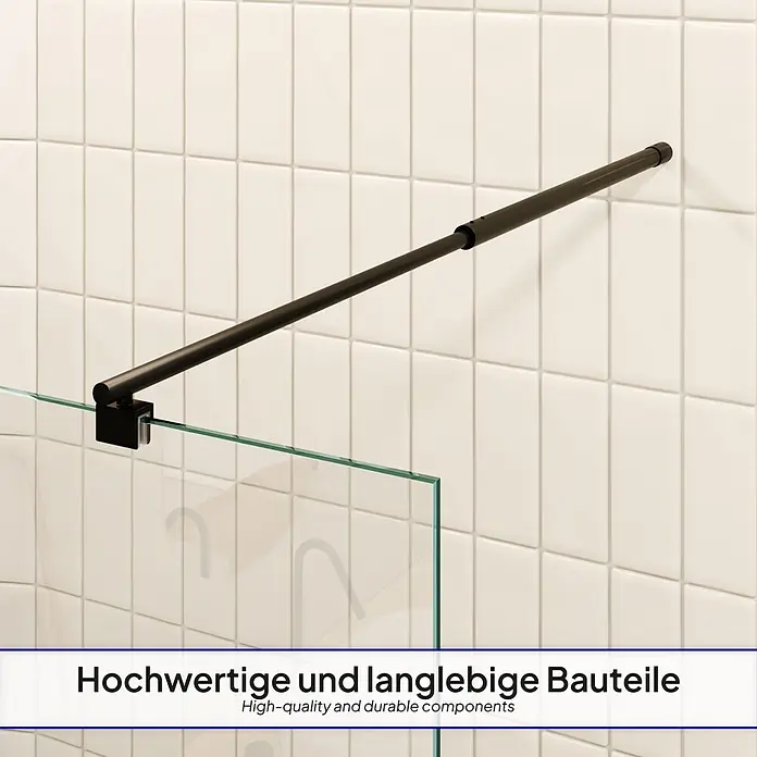 i-flair Duschabtrennung 130x200 cm Teilsatiniert 10 mm ESG W740 -  - Schwarze Duschwand-Stabilisierungsstange an einer Glasplatte.