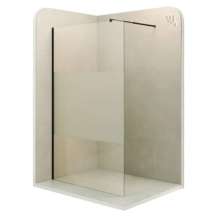 i-flair Duschabtrennung 130x200 cm Teilsatiniert 10 mm ESG W740 -  - Moderne Walk-in-Dusche mit mattierter Glaswand und schwarzer Halterung, ideal für eine Eckinstallation.