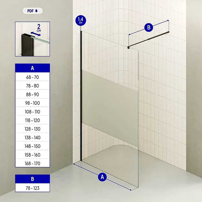 i-flair Duschabtrennung 130x200 cm Teilsatiniert 10 mm ESG W740 -  - Verstellbare Walk-in-Duschabtrennung mit schwarzen Profilen und Haltestange, zeigt verfügbare Maße (A und B) und ein 1,4 cm Profil.