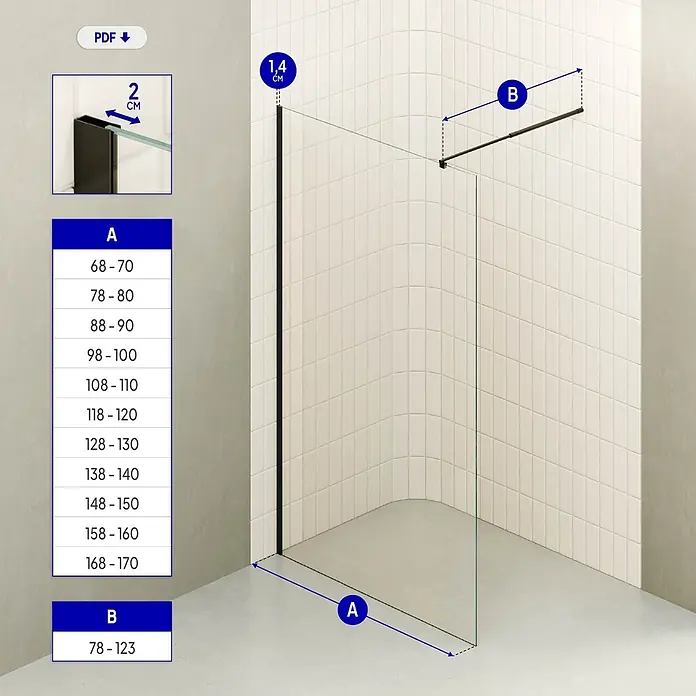 i-flair Duschabtrennung 70x200 cm Klarglas 10 mm ESG W740 -  - Eine Glasduschwand mit schwarzem Wandprofil und horizontaler Haltestange, inklusive Maßangaben.