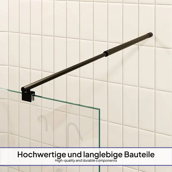 i-flair Duschabtrennung 120x200 cm Klarglas 8 mm ESG W740BL -  - Schwarze Duschstange stabilisiert Glasduschwand, an einer gefliesten Wand montiert.