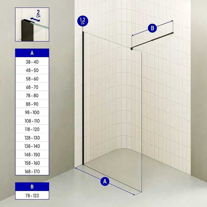 i-flair Duschabtrennung 120x200 cm Klarglas 8 mm ESG W740BL -  - Glass-Duschwand mit schwarzen Profilen und Haltestange, zeigt Maße für Breite (A) und Stützarm (B) in Zentimetern.