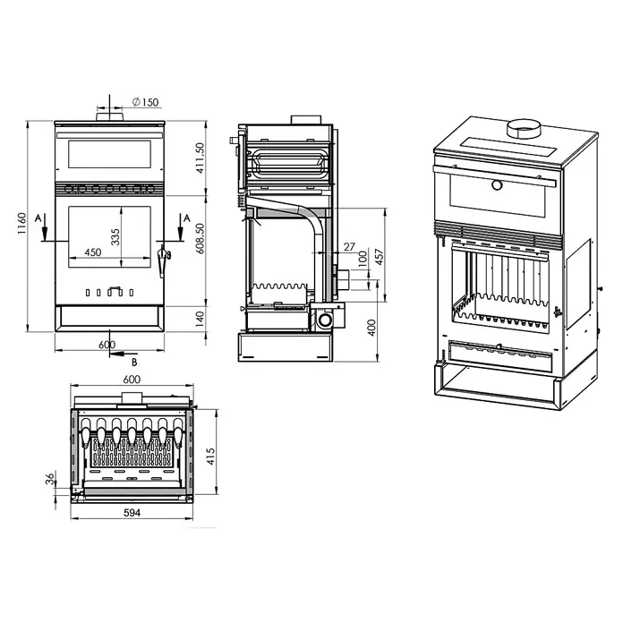 Teba Estufa de leña con horno TKS15 - 12,8 kW, Volumen de calefacción: 257 m³, Negro - Dibujo técnico de una estufa de leña, mostrando varias vistas y dimensiones.