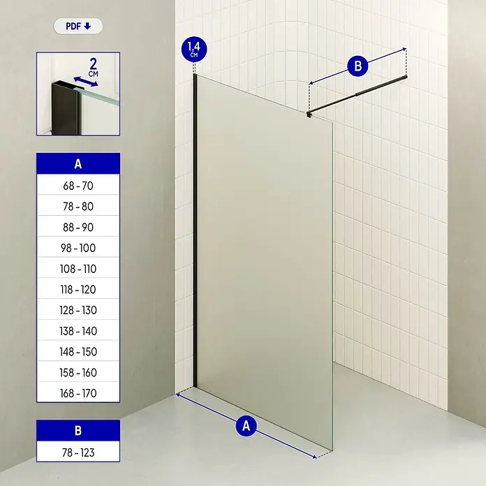 i-flair Duschabtrennung 100x200 cm Satiniert 10 mm ESG W740 -  - Milchglas-Duschwand mit schwarzem Wandprofil und verstellbarer schwarzer Haltestange. Maße für Breite (A) und Stütze (B) sind angegeben.