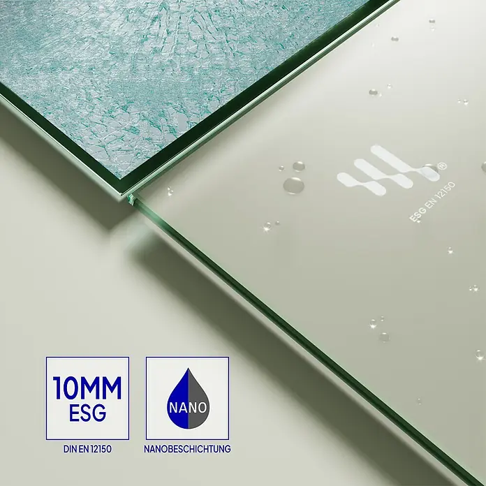 i-flair Duschabtrennung 100x200 cm Satiniert 10 mm ESG W740 -  - Zwei Glasplatten, eine rissig, eine klar mit Wassertropfen, zeigen 10mm ESG Sicherheitsglas mit Nanobeschichtung.