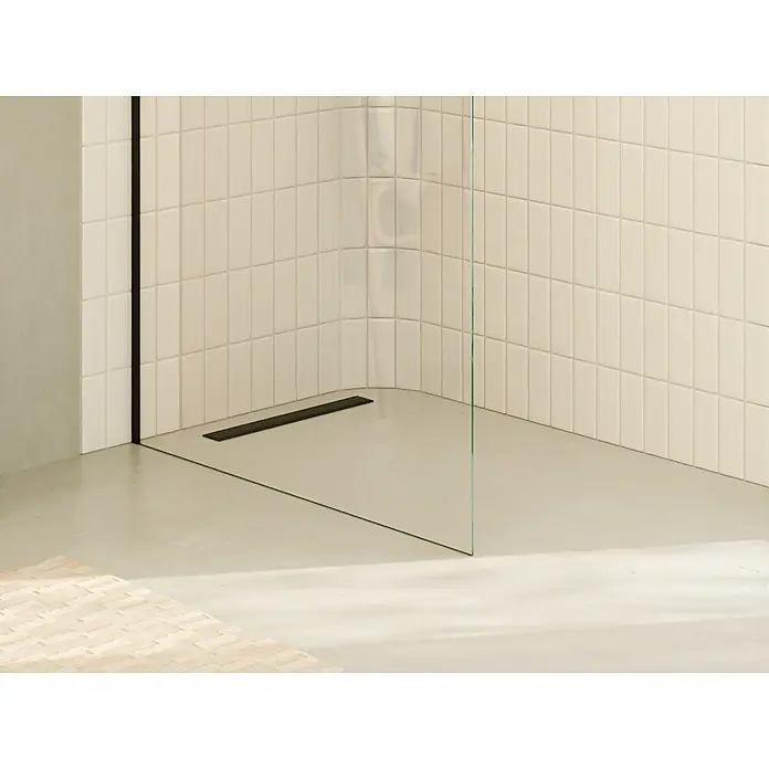 i-flair Duschabtrennung 70x200 cm Klarglas 10 mm ESG W740 -  - Minimalistischer Duschbereich mit schwarzem Linienablauf und klaren Glaswänden.