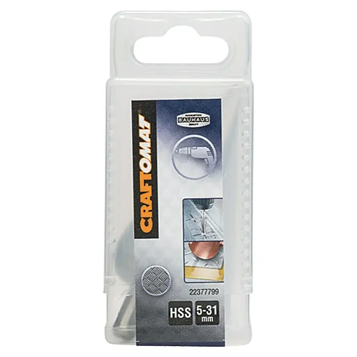 Craftomat Broca cónica para chapa - Acero, 5 mm - 31 mm - Juego de brocas HSS CRAFTOMAT en recipiente de plástico transparente con logotipo Bauhaus e indicación de tamaño 5-31 mm.