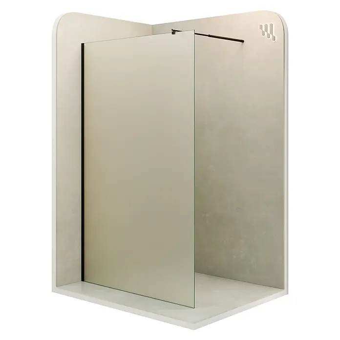 i-flair Duschabtrennung 160x200 cm Satiniert 10 mm ESG W740 -  - Klarglas-Duschwand mit schwarzem Rahmen und Stützstange, in einer hellen Betonoptik-Duschkabine.