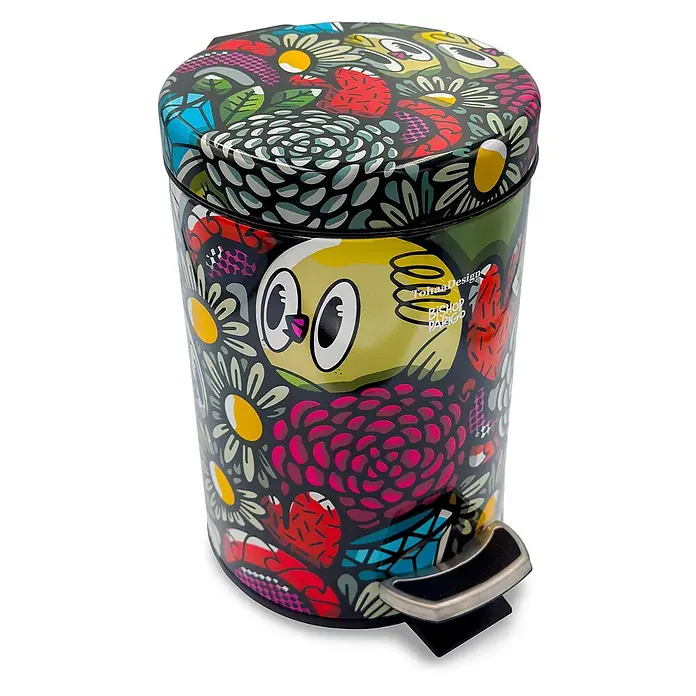 Tohaa Design Kosmetikeimer 3L BirdyFlowers - Bishop Parigo -  - Ein bunter Treteimer mit abstraktem Blumen- und Eulenmuster, schwarzem Sockel und silbernem Fußpedal.