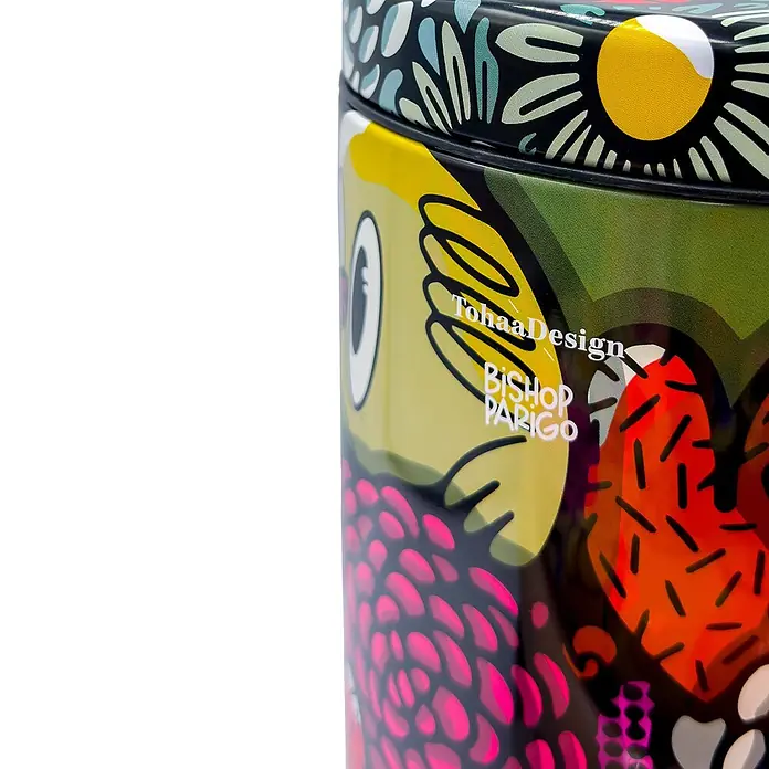 Tohaa Design Kosmetikeimer 3L BirdyFlowers - Bishop Parigo -  - Lebendige Dose mit abstraktem Grafikdesign und 'TohaaDesign BISHOP PARIGO' Text.