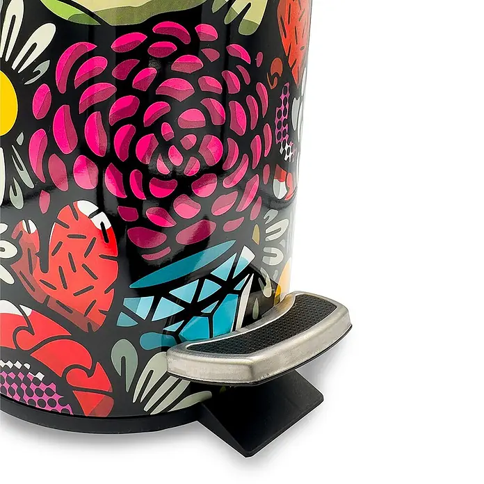 Tohaa Design Kosmetikeimer 3L BirdyFlowers - Bishop Parigo -  - Bunter Treteimer mit abstrakten Mustern und einem silbernen Fußpedal.