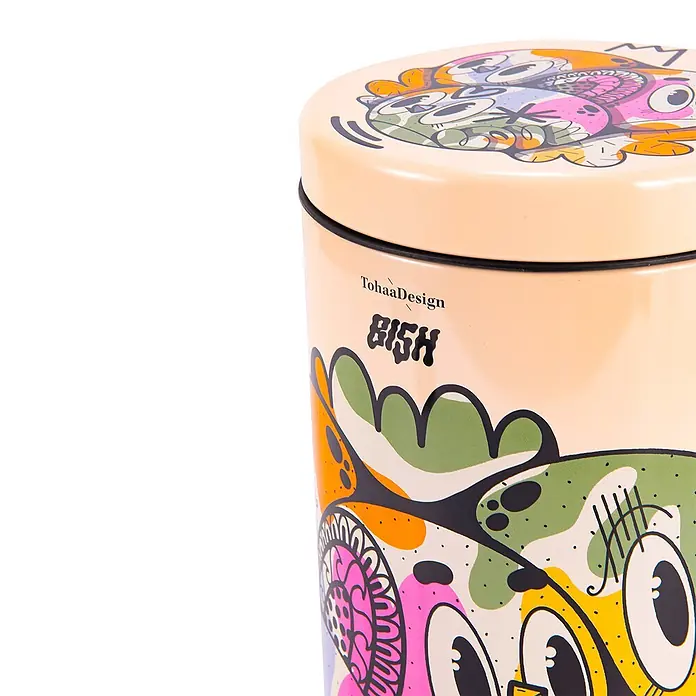 Tohaa Design Kosmetikeimer 3L Color Bomb - Bishop Parigo -  - Creme-zylindrischer Behälter mit farbenfrohem, abstraktem Cartoon-Design und schwarzem Rand.