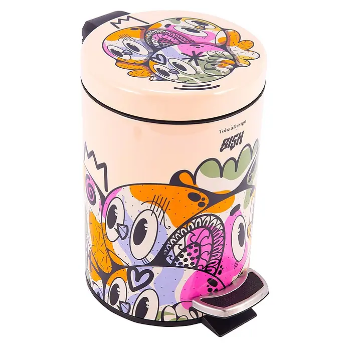 Tohaa Design Kosmetikeimer 3L Color Bomb - Bishop Parigo -  - Cremefarbener Treteimer aus Metall mit lebhaftem Eulen-Cartoon-Design und schwarzem Fußpedal.