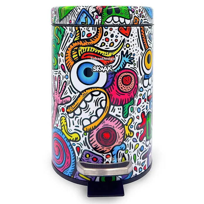 Tohaa Design Kosmetikeimer 3L Crazy Maniac - Skwak -  - Bunter Metall-Treteimer mit lebhaftem Doodle-Design und Chrom-Pedal.