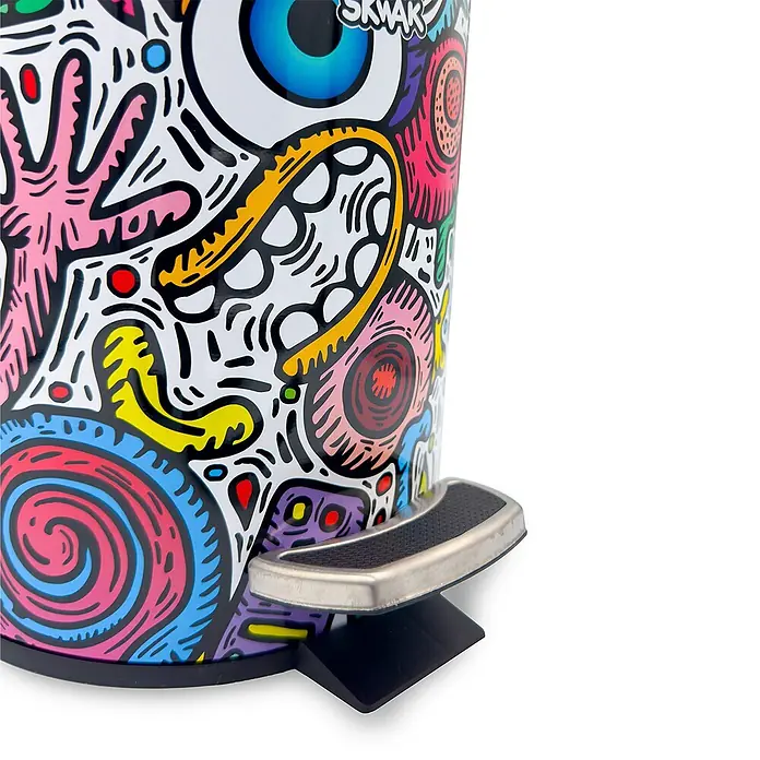 Tohaa Design Kosmetikeimer 3L Crazy Maniac - Skwak -  - Bunter Treteimer mit lebhaftem Doodle-Muster und silbernem Fußpedal.