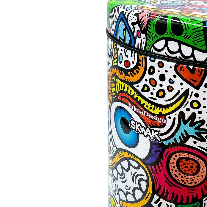 Tohaa Design Kosmetikeimer 3L Crazy Maniac - Skwak -  - Bunte zylindrische Metalldose mit abstraktem Graffiti-Design und Schriftzug 'TohaaDesign SKWAK'.