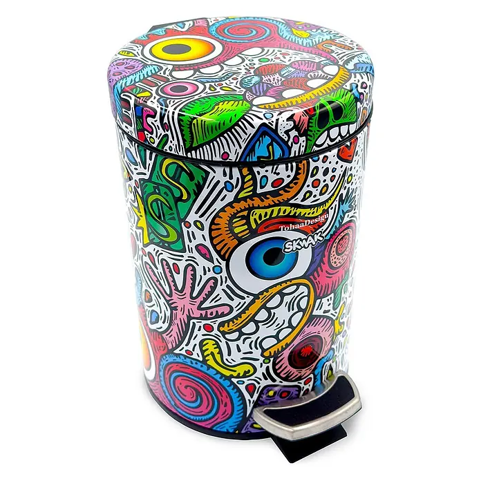 Tohaa Design Kosmetikeimer 3L Crazy Maniac - Skwak -  - Ein bunter Treteimer mit abstrakten Graffiti-Motiven und einem silbernen Pedal.