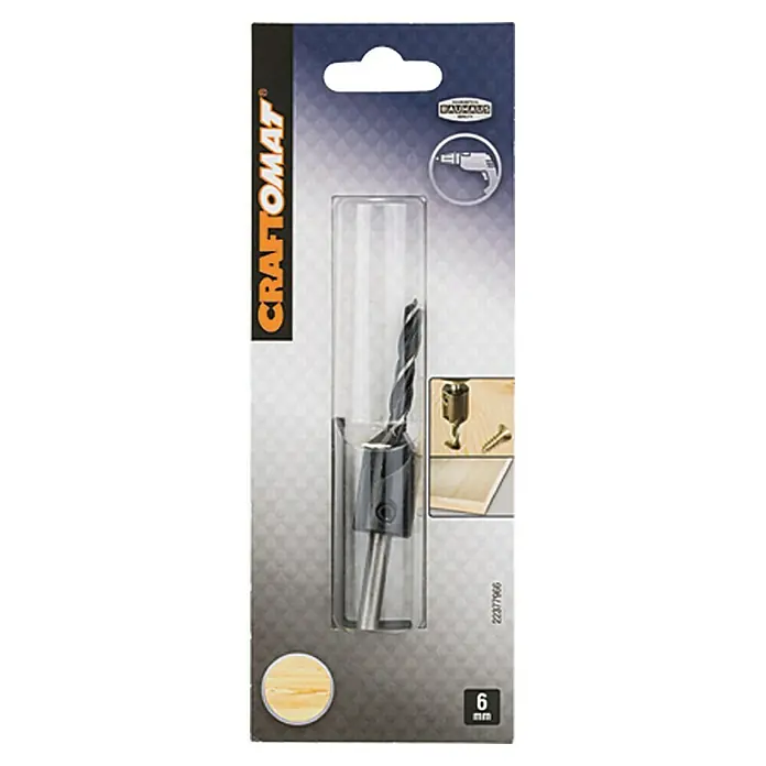 Craftomat Broca para madera con avellanador - Diámetro de la broca: 6 mm - Primer plano de una broca para madera Craftomat en su embalaje, ideal para taladrar agujeros precisos y limpios en madera.