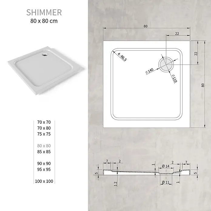i-flair Shimmer Duschwanne 80x80 cm - Höhe: 50 mm weißes Sanitäracryl -  - Weißes quadratisches Duschbecken 80x80 cm mit technischen Zeichnungen und Maßangaben.