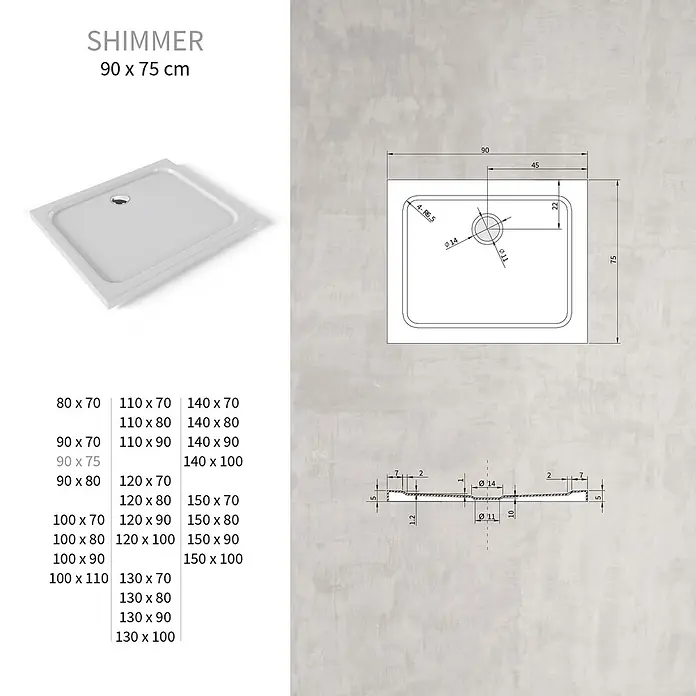 i-flair Shimmer Duschwanne 75x90 cm - Höhe: 50 mm weißes Sanitäracryl -  - Weißer rechteckiger Duschwanne (90x75 cm) mit zentralem Abfluss.