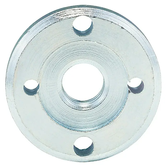 Craftomat Spannmutter für Winkelschleifer - 14 mm, 1 Stk. - Metallflansch mit zentralem Gewindeloch und drei Befestigungslöchern. Ideal für sichere Verbindungen und präzise Montagearbeiten.