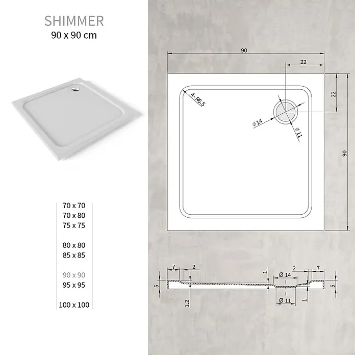 i-flair Shimmer Duschwanne 90x90 cm - Höhe: 50 mm weißes Sanitäracryl -  - Weißes quadratisches SHIMMER Duschbecken, 90x90 cm, mit mittiger Ablauföffnung.