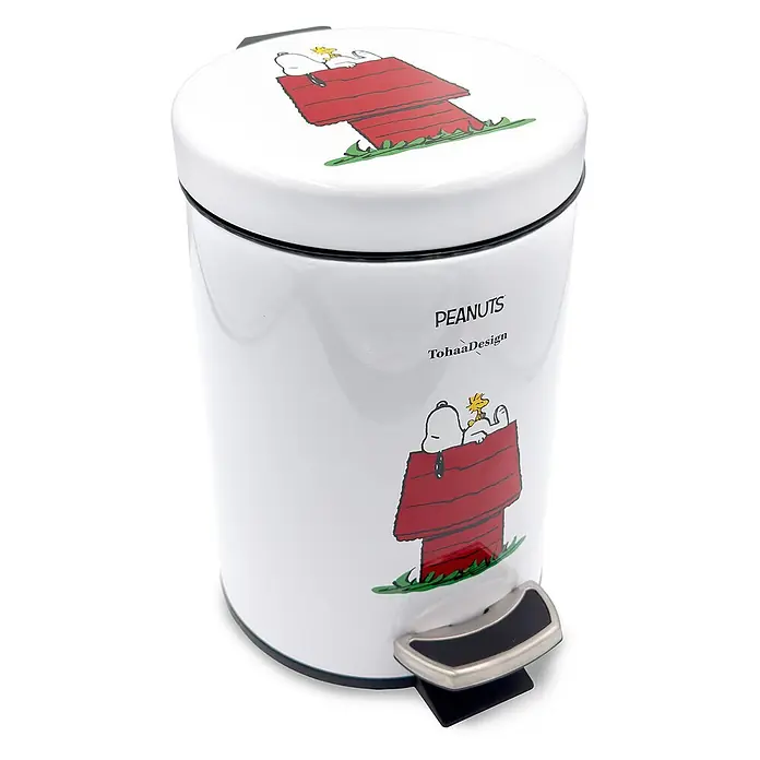 Tohaa Design Kosmetikeimer 3L Peanuts Snoopy - Peanuts -  - Weißer Metall-Treteimer mit Snoopy und Woodstock auf seiner Hundehütte, 'PEANUTS'-Branding.