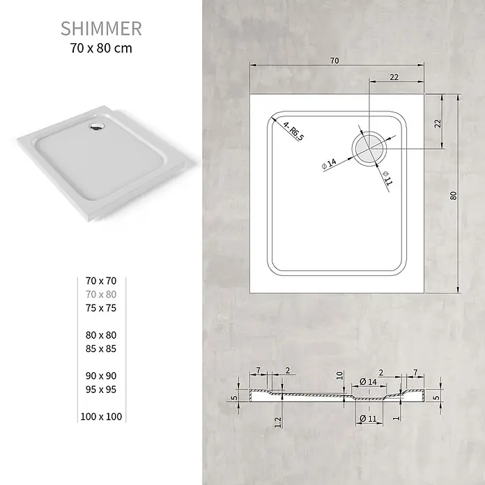 i-flair Shimmer Duschwanne 70x80 cm - Höhe: 50 mm weißes Sanitäracryl -  - Weiße rechteckige Duschwanne, 70 x 80 cm, mit zentralem Abfluss und detaillierten technischen Maßen.