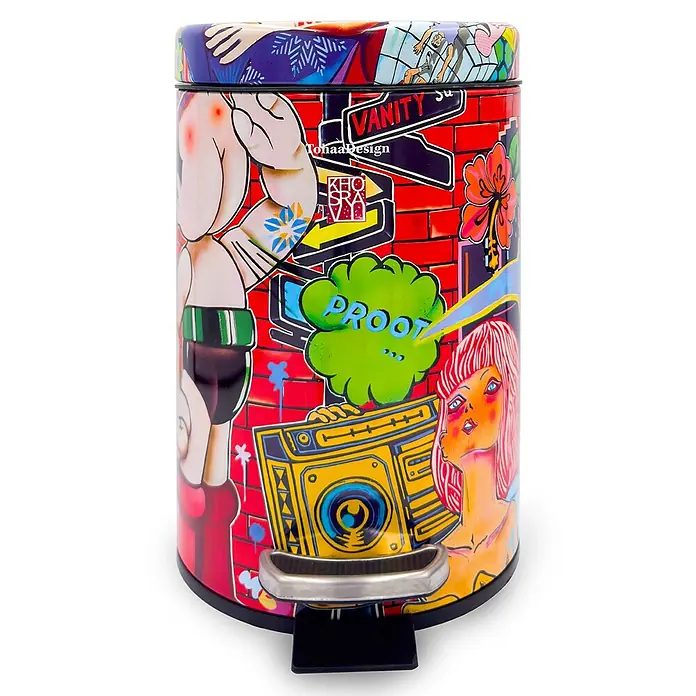 Tohaa Design Kosmetikeimer 3L Vanity Fair - Guive Khosravi -  - Farbenfroher zylindrischer Treteimer mit lebendiger Graffiti-Kunst und silbernem Fußpedal.