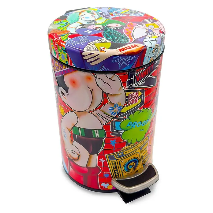 Tohaa Design Kosmetikeimer 3L Vanity Fair - Guive Khosravi -  - Bunter Metall-Treteimer mit Pop-Art- und Graffiti-Illustrationen, darunter ein Anime-Charakter und ein Ghettoblaster. Mit Fußpedal bedienbar.