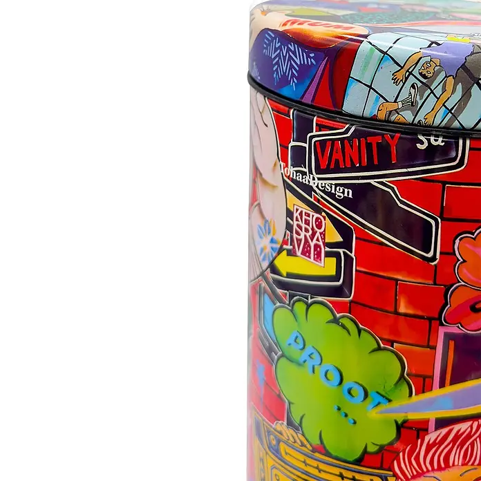 Tohaa Design Kosmetikeimer 3L Vanity Fair - Guive Khosravi -  - Nahaufnahme einer bunten Dose mit Graffiti-Kunst im Pop-Art-Stil, inklusive Text wie „VANITY“ und „TohaaDesign“.