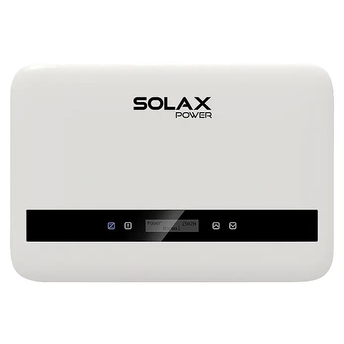 Inversor SolaX X1 Boost - 6 kW - 12 kW, L x An x Al: 14,6 x 40,4 x 27,4 cm - Inversor SolaX Power blanco con pantalla negra que muestra 'Power 1502W' y 'Normal'.