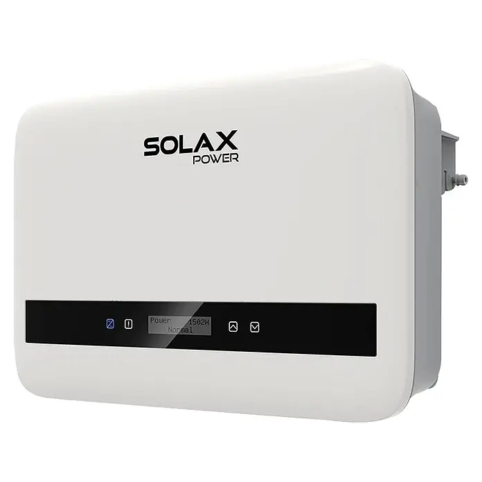 Inversor SolaX X1 Boost - 6 kW - 12 kW, L x An x Al: 14,6 x 40,4 x 27,4 cm - Inversor solar SolaX Power blanco con pantalla digital que muestra una potencia de salida de 1502W.