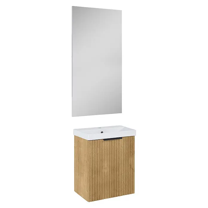 Riva Yasumi Badmöbel-Set - Gesamtbreite Badmöbel: 50 cm, Hamilton Eiche, 4 -tlg. - Moderner Waschtischunterschrank aus hellem Holz mit weißem Waschbecken, schwarzem Griff und Spiegel.