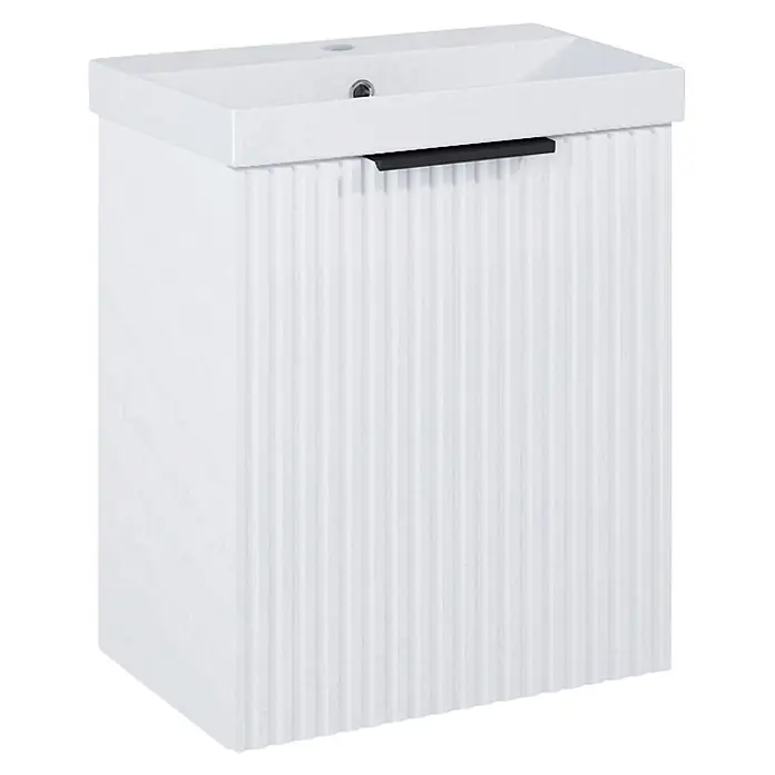 Riva Yasumi Badmöbel-Set - Gesamtbreite Badmöbel: 46 cm, Weiß, 3 -tlg. - Weißer Badezimmer-Waschtischunterschrank mit integriertem Waschbecken, gerippter Front und schwarzem Stangengriff.