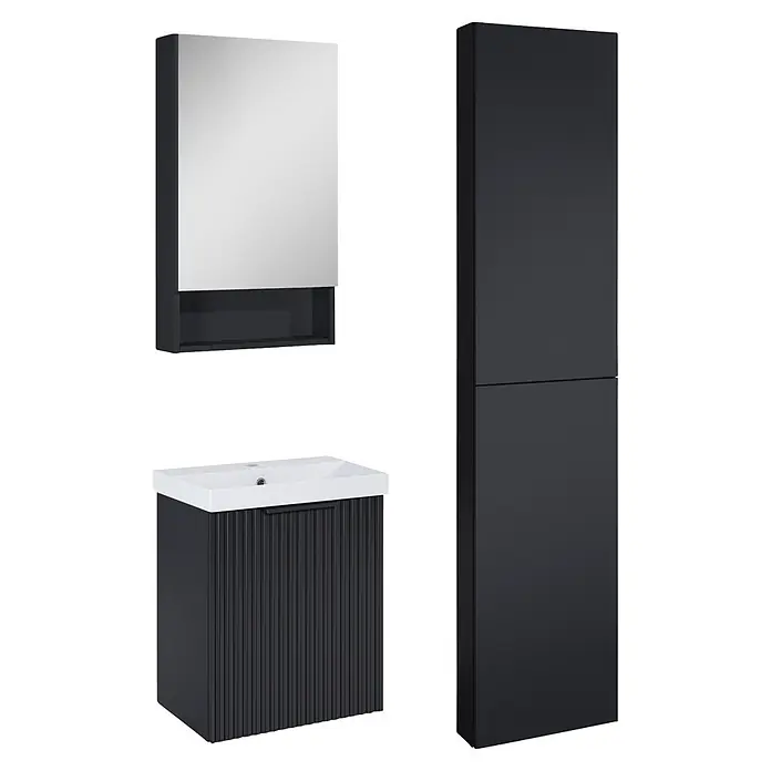 Riva Yasumi Badmöbel-Set - Gesamtbreite Badmöbel: 86 cm, Schwarz, 5 -tlg. - Set aus dunkelgrauen Badmöbeln: Spiegelschrank mit Regal, Waschbeckenunterschrank mit weißem Waschbecken und hoher Hochschrank.