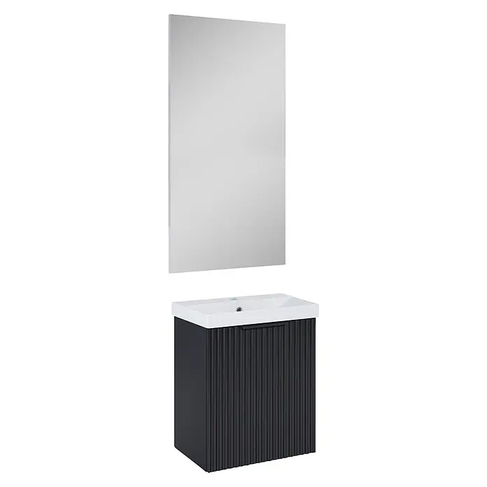 Riva Yasumi Badmöbel-Set - Gesamtbreite Badmöbel: 50 cm, Schwarz, 4 -tlg. - Rechteckiger Spiegel und dunkler geriffelter Badschrank mit weißem Waschbecken.